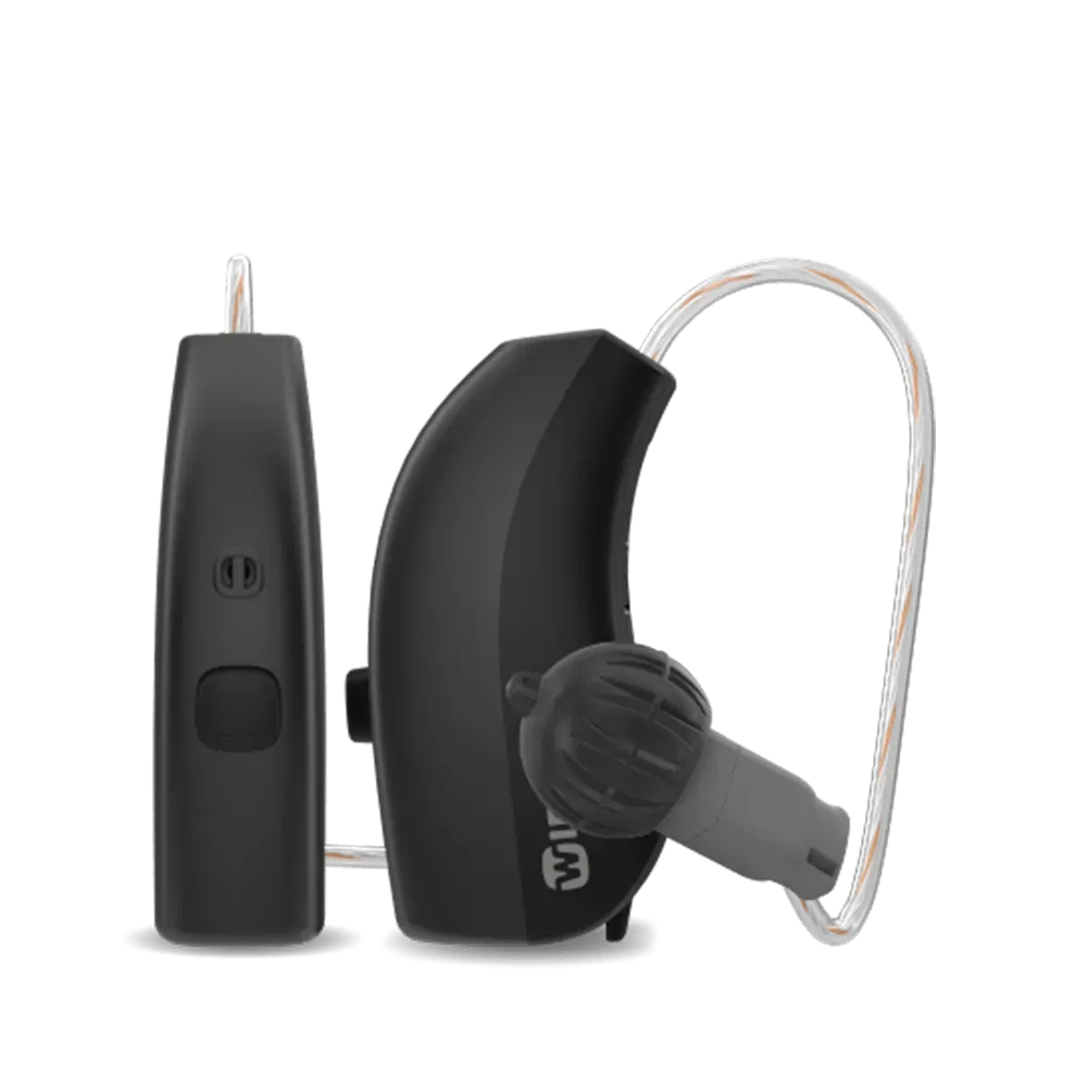 Widex Moment black behind-the-ear hearing aids