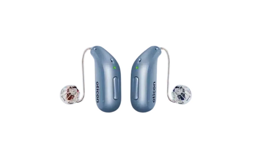 Oticon Intent light blue behind-the-ear hearing aids with LED indicators