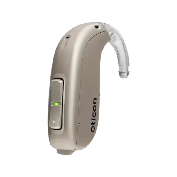 Oticon Verit champagne behind-the-ear hearing aid