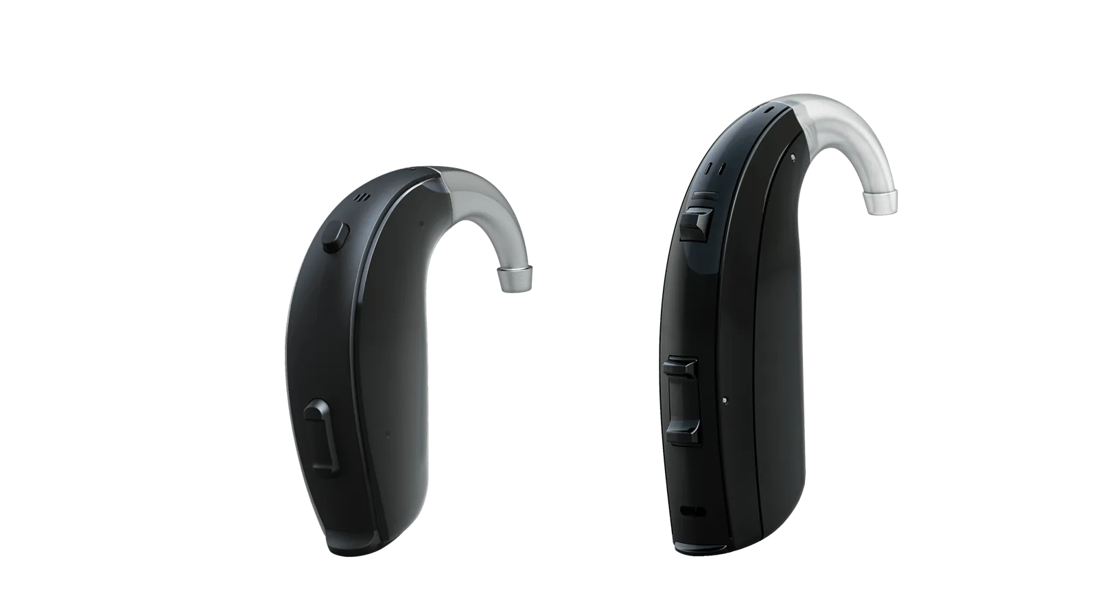 ReSound black behind-the-ear hearing aids shown from different angles
