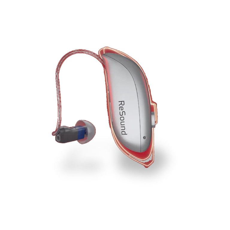 ReSound Nexia silver behind-the-ear hearing aid with red outline