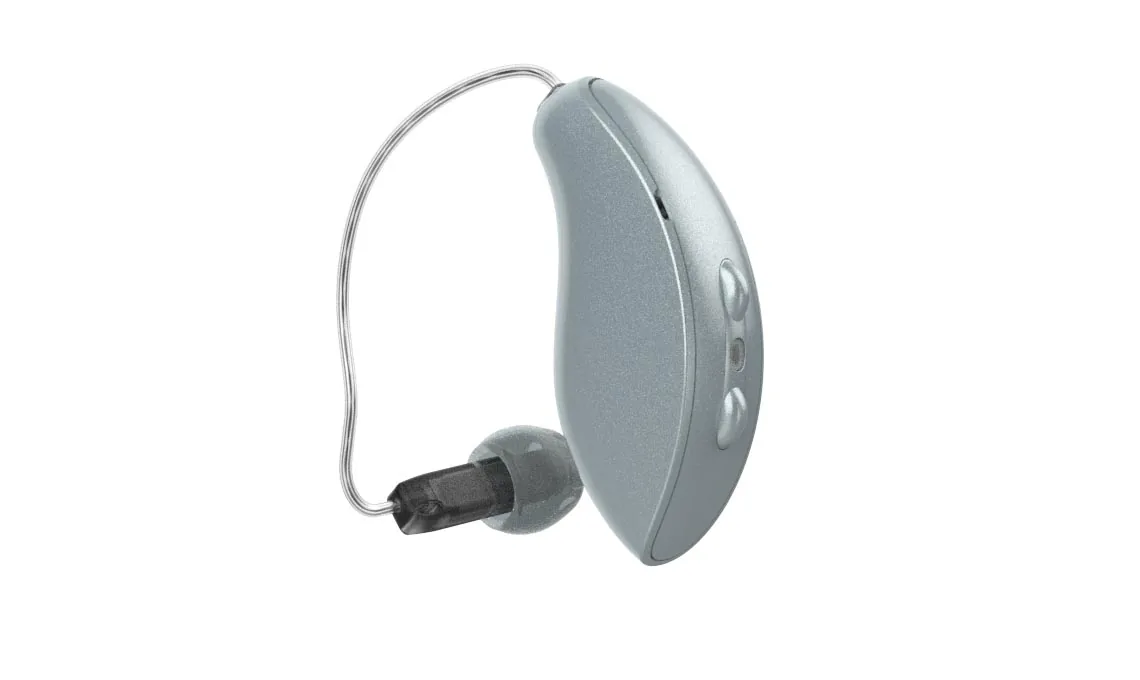Starkey Omega AI behind-the-ear hearing aid in silver