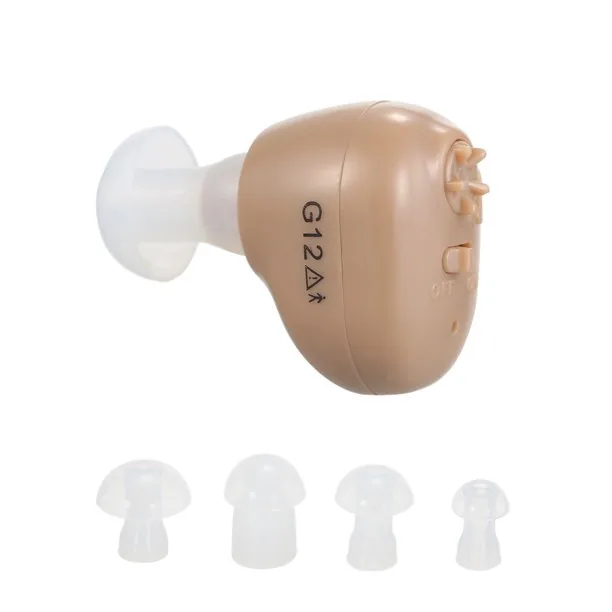 Beige in-ear hearing aid G12A with four silicone ear tips