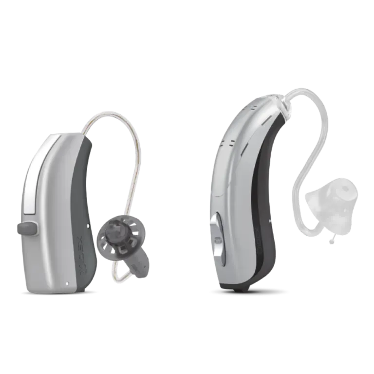 Widex CROS Fusion silver behind-the-ear hearing aids