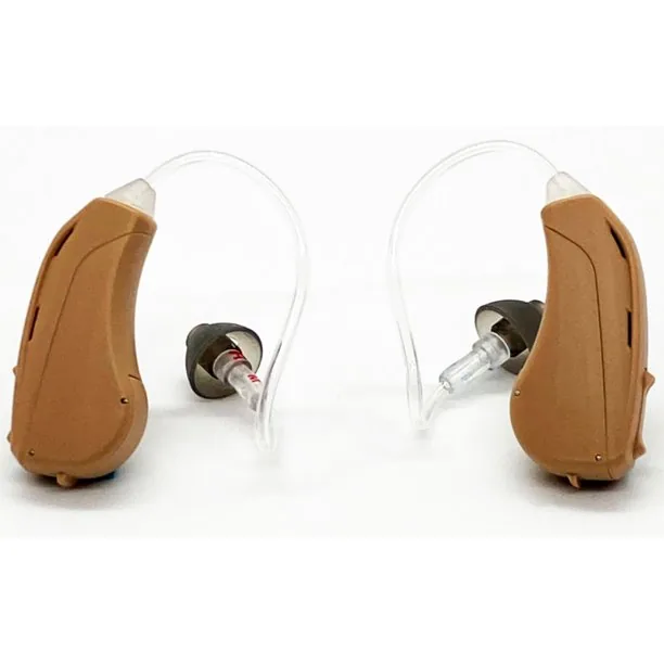 Beige behind-the-ear hearing aids with clear tubes facing each other