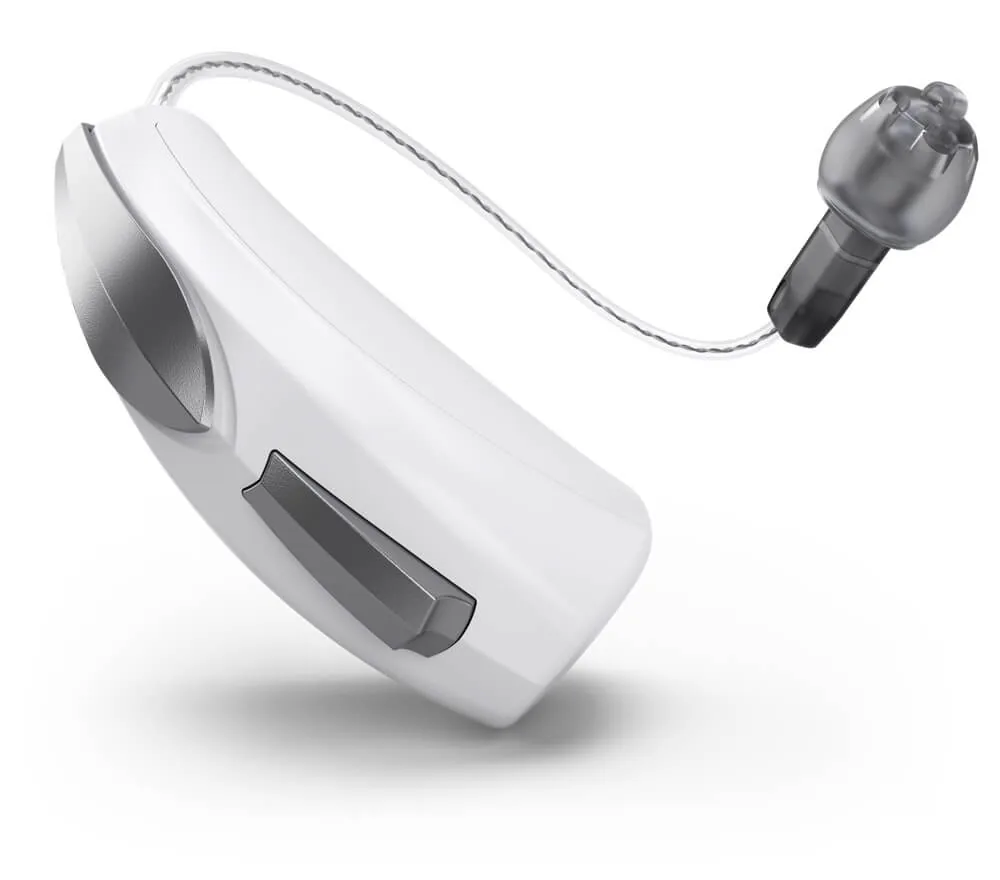 Starkey Livio AI white and silver receiver-in-canal hearing aid
