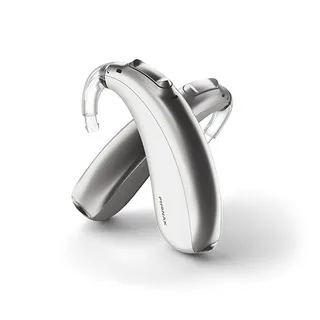 Phonak silver and white behind-the-ear hearing aids
