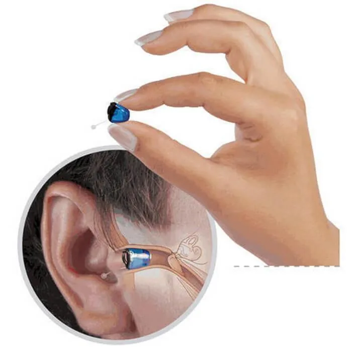 Hand holding blue CIC hearing aid with ear canal placement inset