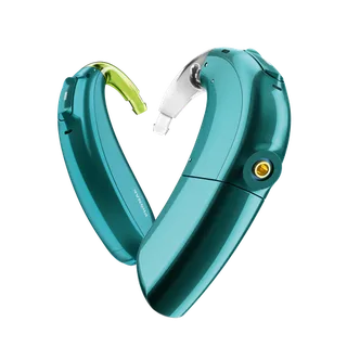 Two teal Phonak Naida hearing aids arranged in heart shape