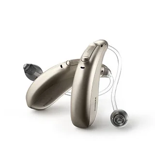 Phonak champagne behind-the-ear hearing aids pair