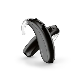 Phonak black behind-the-ear hearing aids with clear ear hooks